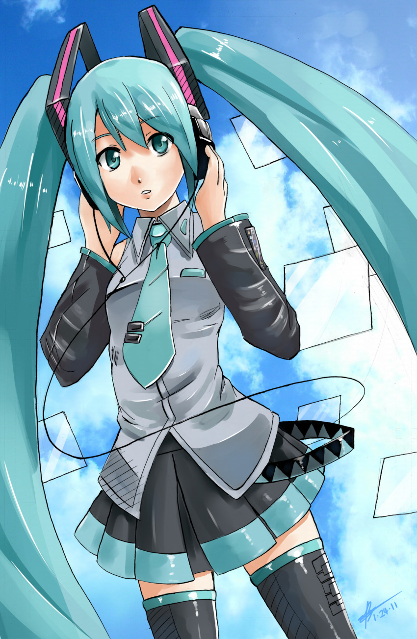 aqua_eyes aqua_hair commentary_request female hands_on_headphones hatsune_miku headphones headset highres long_hair microphone parted_lips robert_knight solo thighhighs twintails vocaloid