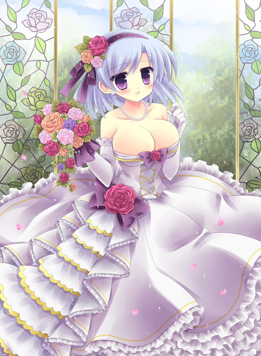 bad_id bad_pixiv_id bare_shoulders blue_hair blush bouquet breasts cleavage dress earrings elbow_gloves female flower gem gloves hair_ornament henriette_mystere highres jewelry kouta. large_breasts long_skirt necklace open_mouth pearl_(gemstone) petals photoshop_(medium) purple_eyes rose short_hair skirt smile solo stained_glass tantei_opera_milky_holmes wedding_dress