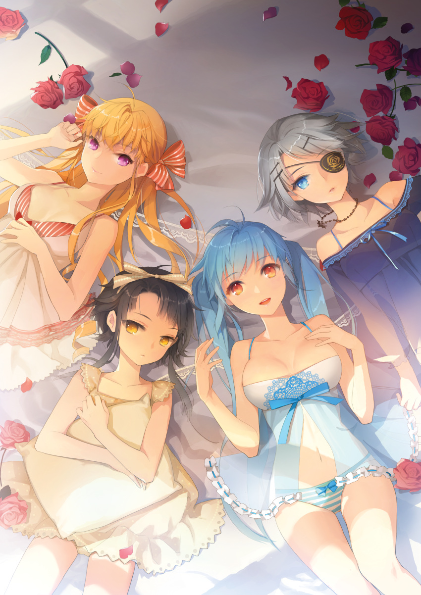 4girls absurdres bat_(animal) black_hair blonde_hair blue_eyes breasts cinia_pacifica collarbone eyepatch flower hair_ornament hairclip highres holding iri_flina jewelry large_breasts lingerie long_hair looking_at_viewer luthica_preventer lying medium_breasts multiple_girls necklace on_back orange_eyes panties pillow purple_eyes rose salt_(salty) short_hair short_hair_with_long_locks sidelocks sita_vilosa smile striped_clothes striped_panties sword_girls twintails underwear yellow_eyes