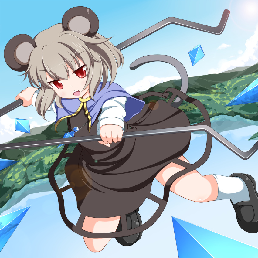 animal_ears black_dress blue_sky capelet commentary_request day dowsing_rod dress female grey_hair highres jewelry mary_janes midair mountainous_horizon mouse_ears mouse_girl mouse_tail navel nazrin necklace nikku_(ra) open_mouth outdoors red_eyes revision shoes short_hair sky solo tail touhou