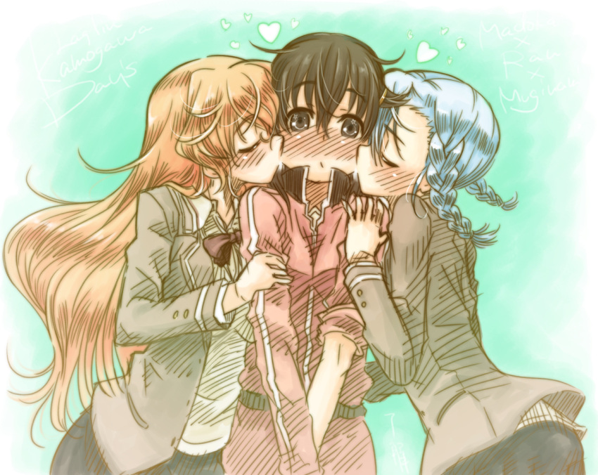 3girls blazer blue_hair blush braid brown_eyes brown_hair closed_eyes commentary_request double_cheek_kiss fin_e_ld_si_laffinty flower girl_sandwich hair_flower hair_ornament heart jacket kissing kissing_cheek kyouno_madoka long_hair muginami multiple_girls open_mouth rinne_no_lagrange ryou_(shirotsumesou) sandwiched short_hair sleeves_rolled_up track_suit twin_braids wife_and_wife wife_and_wife_and_wife yuri