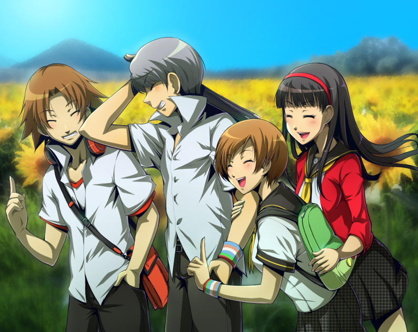 2boys 2girls amagi_yukiko backpack bag black_hair brown_hair closed_eyes commentary_request grey_hair hairband hanamura_yousuke long_hair multiple_boys multiple_girls narukami_yuu persona persona_4 photoshop_(medium) satonaka_chie school_uniform short_hair skirt smile taru_neko