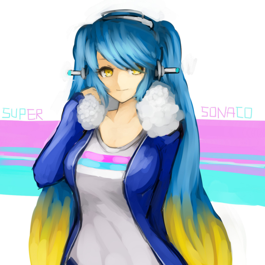 bad_id bad_pixiv_id blonde_hair blue_hair commentary cosplay female gradient_hair headphones highres kumiko_shiba league_of_legends long_hair multicolored_hair nitroplus smile solo sona_(league_of_legends) super_sonico super_sonico_(cosplay) twintails very_long_hair yellow_eyes