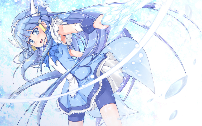 :d aoki_reika bad_id bad_pixiv_id bike_shorts blue_eyes blue_hair blue_skirt blue_theme commentary_request crystal_sword cure_beauty dress female hair_tubes highres holding ice long_hair looking_at_viewer magical_girl open_mouth outstretched_arm photoshop_(medium) precure shinohara_shinome skirt smile smile_precure solo sword tiara weapon wrist_cuffs