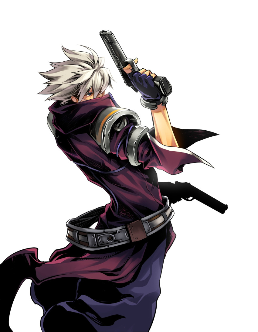 dungeon_and_fighter gloves gun gunner gunner_(dungeon_and_fighter) highres male male_focus official_art ress shoulder_pads smile solo weapon white_hair