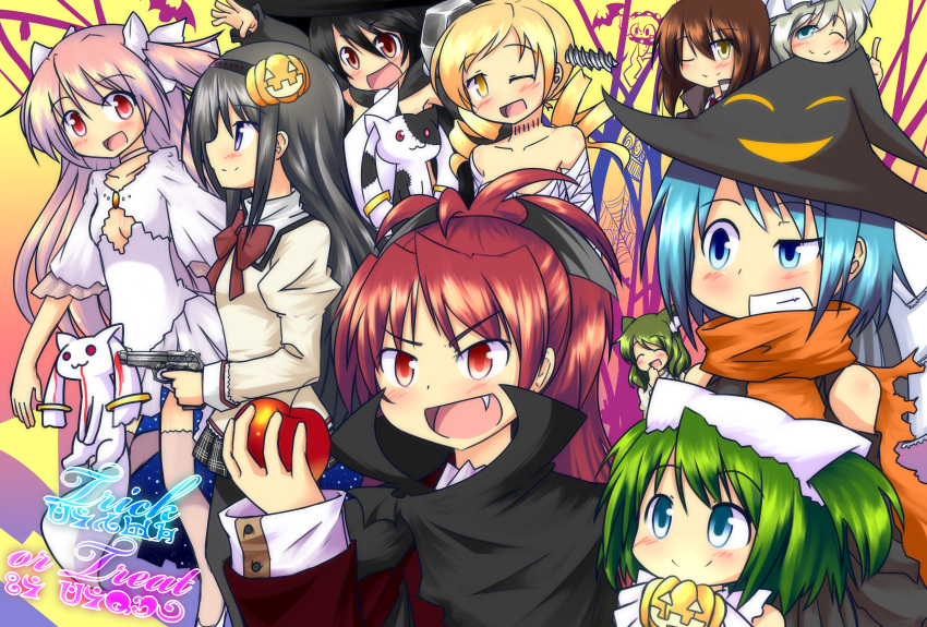 6+girls ^_^ akemi_homura animal_ears apple bat_(animal) black_hair blonde_hair blood blue_eyes blue_hair blush brown_hair cape cat_ears charlotte_(madoka_magica) chitose_yuma choker clenched_teeth closed_eyes commentary_request cosplay costume dress drill everyone food fruit green_hair grin gun hair_ornament halloween handgun hat highres jack-o'-lantern kaname_madoka kazumi_(madoka_magica) kemonomimi_mode kure_kirika kyuubee long_hair madoka_runes mahou_shoujo_kazumi_magica mahou_shoujo_madoka_magica mahou_shoujo_oriko_magica mami_mogu_mogu miki_sayaka mikuni_oriko mitakihara_school_uniform multiple_girls oerba_yun_fang oktavia_von_seckendorff one_eye_closed open_mouth pink_hair ponytail pumpkin purple_eyes red_eyes red_hair ribbon sakura_kyoko scarf school_uniform screw shizuki_hitomi short_hair silhouette silk skirt smile spider_web spoilers teeth thighhighs tige tomoe_mami twintails ultimate_madoka ultimate_madoka_(cosplay) vampire weapon white_hair yellow_eyes