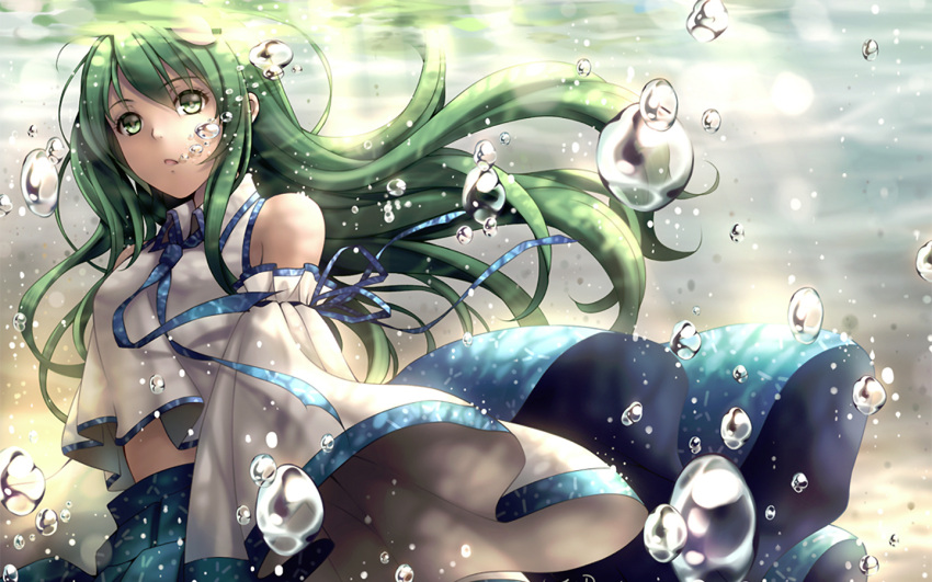 air_bubble arm_ribbon bangs breath bubble bubble_blowing bubbles detached_sleeves female female frog_hair_ornament green_eyes green_hair hair_ornament kochiya_sanae long_hair long_sleeves midriff open_mouth ribbon shirt skirt solo submerged tidsean touhou underwater water wide_sleeves