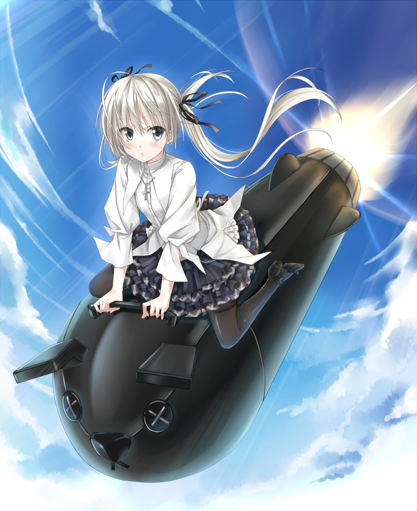 antenna_hair black_eyes commentary dr._strangelove female highres hika_(cross-angel) kasugano_sora major_kong pantyhose parody riding riding_bomb solo stanley_kubrick twintails white_hair yosuga_no_sora