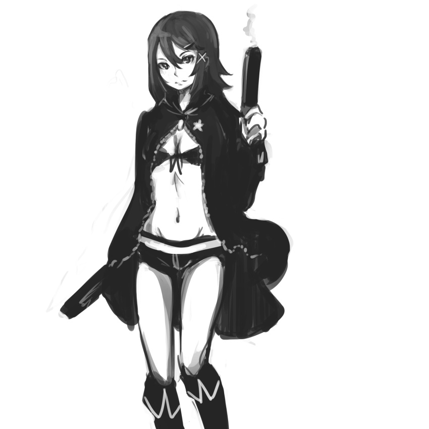 anonymous_drawfag_(artist) artist_request asagiri_asagi bikini bikini_top_only black_bikini black_rock_shooter black_rock_shooter_(character) black_rock_shooter_(character)_(cosplay) boots breasts check_artist cleavage cosplay disgaea dual_wielding female greyscale groin gun hair_ornament hairclip handgun highres holding knee_boots long_coat monochrome navel nippon_ichi no_shirt prinny_(series) prinny_~ore_ga_shujinkou_de_iinsuka?~ reverse_trap short_hair short_shorts shorts small_breasts smoke smoking_barrel solo stomach swimsuit weapon