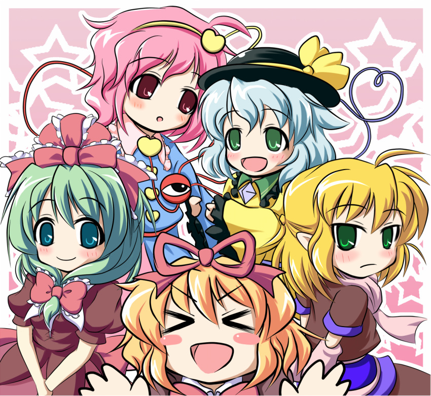 >_< 5girls :d :o aqua_eyes arm_warmers blonde_hair blue_hair blush blush_stickers bow closed_eyes commentary_request front_ponytail green_eyes green_hair hair_ornament hair_ribbon hairband hairbow hat hat_ribbon heart kagiyama_hina komeiji_koishi komeiji_satori long_hair long_sleeves medicine_melancholy mizuhashi_parsee multiple_girls nullpooo open_mouth pink_hair pointy_ears puffy_sleeves red_eyes ribbon scarf short_hair short_sleeves skirt smile star_(symbol) third_eye touhou v_arms xd