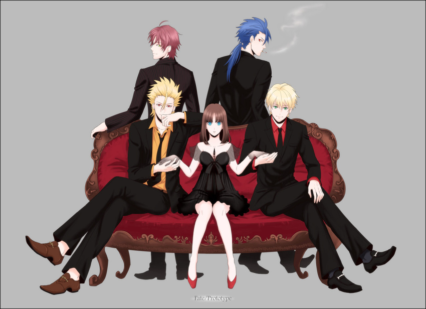 4boys arthur_pendragon_(fate) bad_id bad_pixiv_id blue_hair cigarette couch cu_chulainn_(fate) cu_chulainn_(fate/prototype) fate/prototype fate_(series) female formal gilgamesh_(fate/prototype) green_eyes long_hair male_harem multiple_boys necktie perseus_(fate) photoshop_(medium) ponytail red_eyes red_hair sajou_ayaka_(fate/prototype) straight suit tomose0224