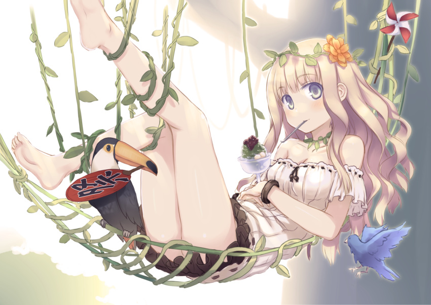 anko_(food) bare_shoulders barefoot bird black_skirt blonde_hair blue_eyes blush bracelet collarbone commentary_request eating feet feet_up female flower food hair_flower hair_ornament hammock hand_fan hiraga_matsuri jewelry legs_up long_hair looking_at_viewer lying mouth_hold off-shoulder_shirt off_shoulder on_back original paper_fan pinwheel plant ribbon-trimmed_clothes ribbon-trimmed_shirt ribbon_trim shaved_ice shirt skirt soles solo toucan uchiwa ujikintoki utensil_in_mouth vines white_shirt