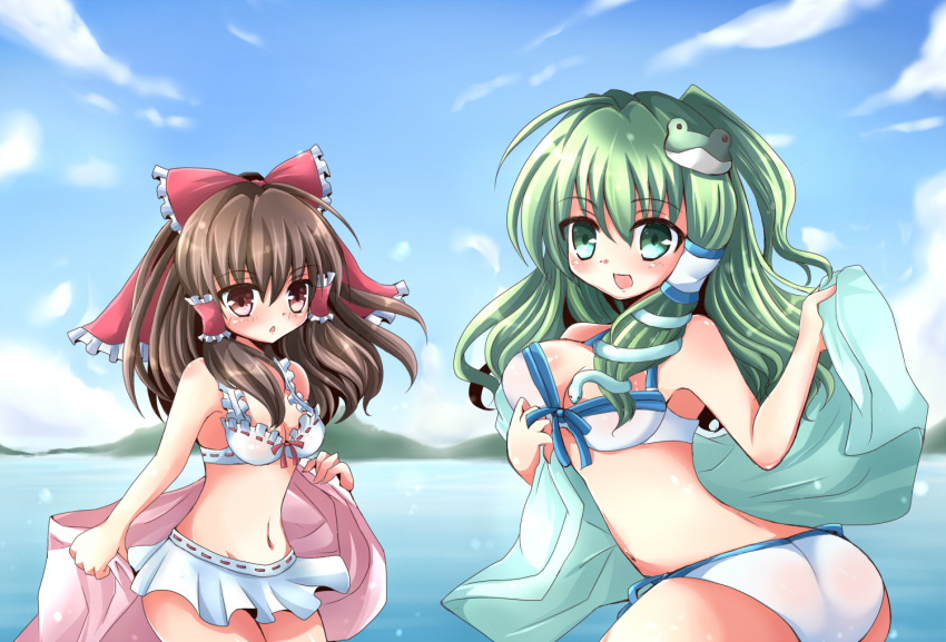 2girls bikini bow breasts brown_eyes brown_hair cloud commentary_request day frog_hair_ornament green_eyes green_hair hair_ornament hair_tubes hairbow hakurei_reimu kochiya_sanae long_hair medium_breasts mountain multiple_girls ncatabc open_mouth outdoors skirt sky smile snake swimsuit touhou water