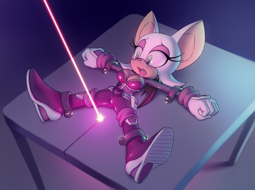 007 anthro bat boots breasts clothing danger female footwear fur furniture gloves green_eyes handwear laser latex mammal nitro open_mouth parody peril purple_clothing rouge_the_bat scared sega sif simple_background solo sonic_the_hedgehog_(series) table tied_down trapped white_body white_fur