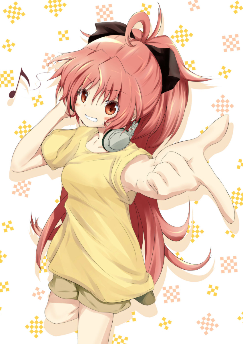 akisaka_yamoka bad_id bad_pixiv_id female grin hair_ribbon headphones headphones_around_neck highres long_hair mahou_shoujo_madoka_magica mahou_shoujo_madoka_magica_(anime) musical_note ponytail red_eyes red_hair ribbon sakura_kyoko shirt short_shorts shorts smile solo t-shirt