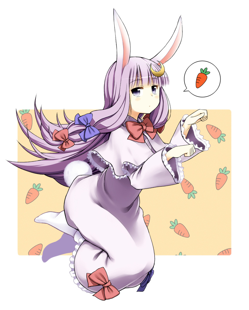 absurdres animal_ears capelet carrot commentary_request crescent crescent_hair_ornament female hair_ornament hair_ribbon highres kamata_yuuya kemonomimi_mode long_hair no_headwear partial_commentary patchouli_knowledge paw_pose photoshop_(medium) purple_eyes purple_hair rabbit_ears rabbit_tail ribbon solo speech_bubble spoken_food spoken_object tail touhou very_long_hair white_legwear