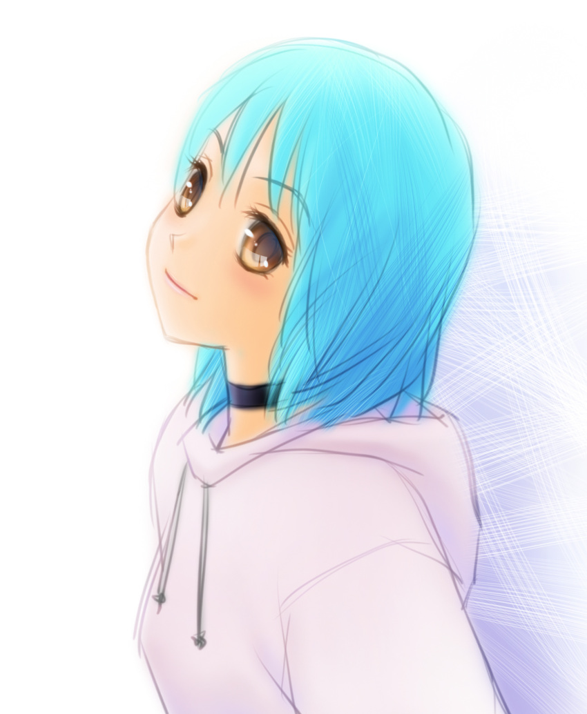 blue_hair blush brown_eyes commentary_request female highres hood hood_down hoodie original photoshop_(medium) short_hair smile solo yui_toshiki