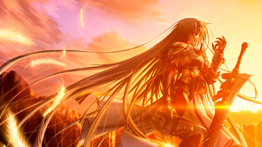 brown dress light orange sun sword weapon wind