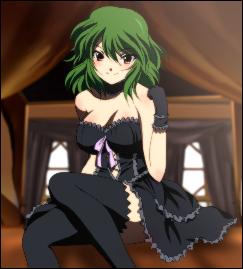 bare_shoulders black_legwear blush breasts brown_eyes cleavage cosplay curtain curtains female gloves gothic green_hair highres kazami_yuuka large_breasts looking_at_viewer short_hair sitting skirt smile thighhighs touhou window yadokari_genpachirou