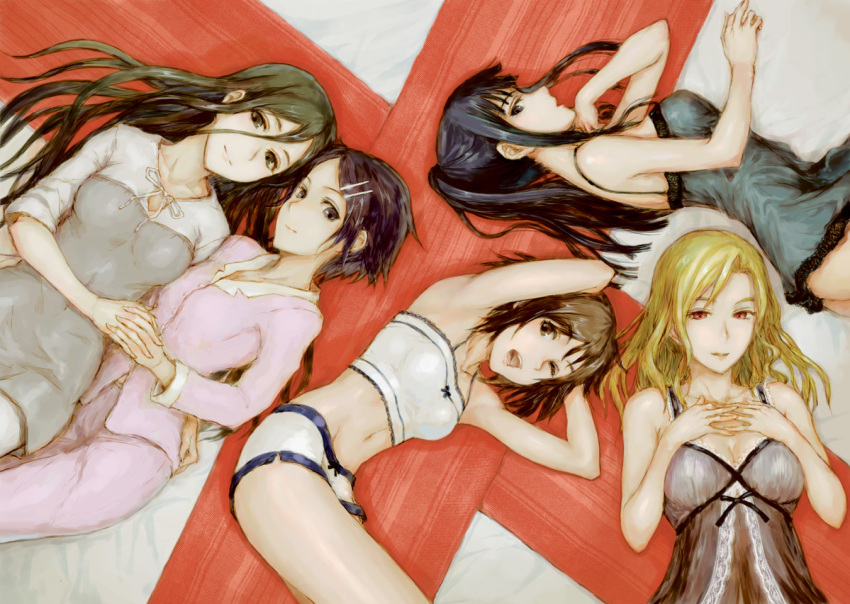 5girls armpits bare_shoulders black_hair blonde_hair camisole character_request collarbone commentary_request copyright_request green_eyes green_hair groin hair_ornament hairclip holding_hands lying midriff multiple_girls navel nightgown one_eye_closed pajamas ponytail red_eyes sasagawa_(haikaiki)