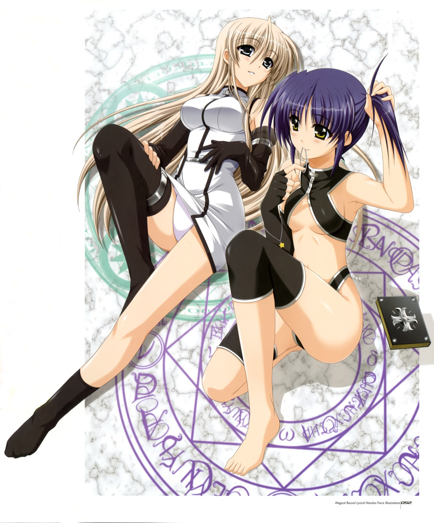 2girls absurdres adjusting_hair barefoot black_eyes book breasts brown_hair buckle collarbone from_above gloves higa_yukari highres isis_egret knee_up large_breasts legs lily-strosek looking_at_viewer lying lyrical_nanoha magic_circle mahou_senki_lyrical_nanoha_force multiple_girls no_bra panties photoshop_(medium) purple_hair revealing_clothes sleeveless thighhighs toes underboob underwear yellow_eyes