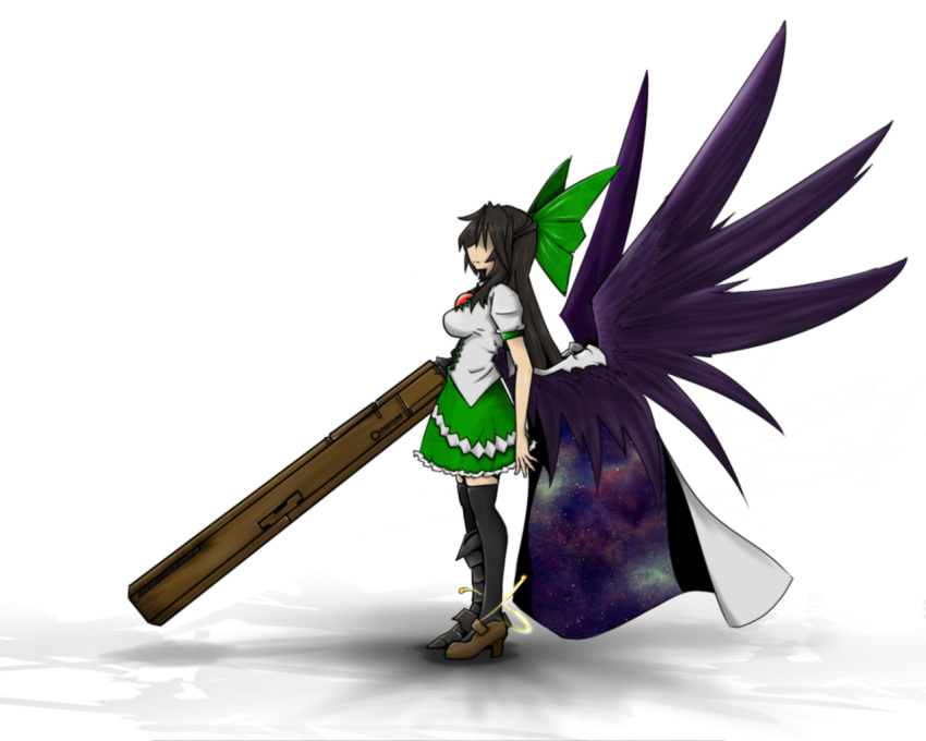 alternate_wings aperture_laboratories arm_cannon armor asymmetrical_footwear black_hair black_thighhighs bloodycat blouse bow cape chinese_commentary commentary_request female from_side greaves green_bow green_skirt hairbow long_hair low_wings miniskirt mismatched_footwear no_eyes reiuji_utsuho shirt short_sleeves skirt solo standing thighhighs third_eye touhou weapon wings zettai_ryouiki