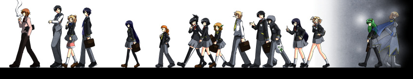 6+boys 6+girls ^_^ absurdres ahoge bag black_hair black_legwear blind blonde_hair blue_eyes blue_hair bookbag bow brown_hair cigarette closed_eyes commentary_request dress_shirt food freckles glasses green_eyes green_hair hair_up hand_in_pocket head_scarf highres hood long_hair mikazuki_aoi mouth_hold multiple_boys multiple_girls necktie oono_mayu open_mouth pantyhose pixiv_azriel red_eyes saginomiya_sae school_uniform shirt shoes shopping_bag short_hair shoulder_bag side_ponytail skirt smile smoking sneakers sora_no_amagumo thighhighs vest wide_image yumeshima_kanata