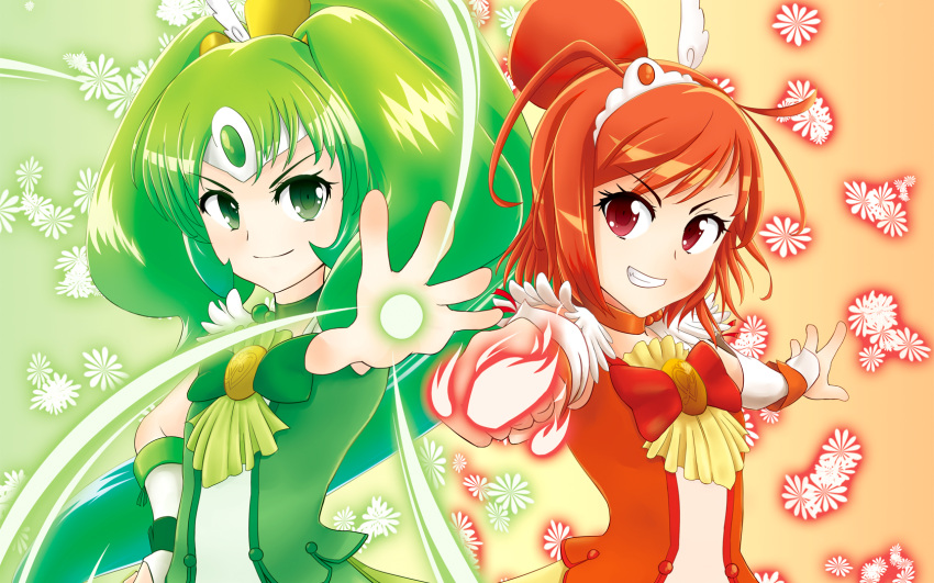 2girls bad_id bad_pixiv_id choker commentary_request cure_march cure_sunny fire green_choker green_eyes green_hair green_skirt highres hino_akane_(smile_precure!) long_hair makoto_aya midorikawa_nao multiple_girls orange_choker orange_eyes orange_hair photoshop_(medium) ponytail precure short_hair skirt smile_precure tiara tri_tails wind