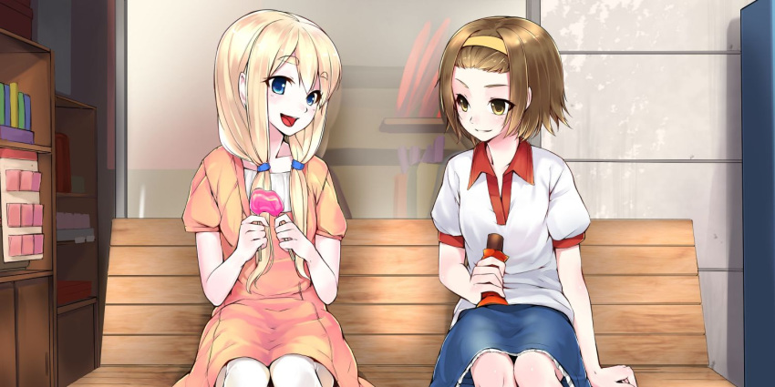 2girls bench blonde_hair blue_eyes brown_eyes brown_hair candy casual chocolate chocolate_bar commentary_request dress food hairband k-on! kotobuki_tsumugi long_hair multiple_girls ryou@ryou short_hair tainaka_ritsu thick_eyebrows twintails