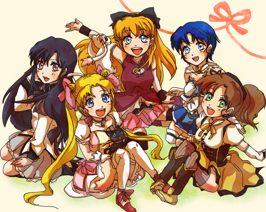 5girls aino_minako akemi_homura akemi_homura_(cosplay) akemi_homura_(magical_girl) alternate_legwear artemis_(sailor_moon) bishoujo_senshi_sailor_moon black_hair blonde_hair blue_eyes blue_hair boots bow brown_hair cape choker commentary_request corset cosplay cristina_valenzuela double_bun dreamearth elbow_gloves feline gloves green_eyes hair_bun hairbow hat hino_rei kaname_madoka kaname_madoka_(cosplay) kaname_madoka_(magical_girl) kino_makoto kneehighs kneeling kyubey_(cosplay) kyuubee long_hair luna_(sailor_moon) magical_girl mahou_shoujo_madoka_magica mahou_shoujo_madoka_magica_(anime) miki_sayaka miki_sayaka_(cosplay) miki_sayaka_(magical_girl) mizuno_ami multiple_girls open_mouth orange_hair ponytail purple_eyes ribbon sakura_kyoko sakura_kyoko_(cosplay) sakura_kyoko_(magical_girl) short_hair sitting skirt smile socks striped_clothes striped_thighhighs thighhighs tomoe_mami tomoe_mami_(cosplay) tomoe_mami_(magical_girl) tsukino_usagi twintails vertical-striped_clothes vertical-striped_thighhighs voice_actor_connection