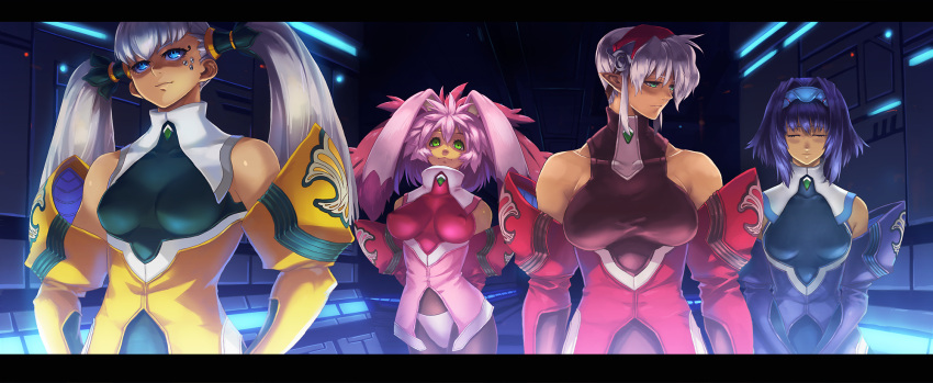 4girls animal_ears bare_shoulders blue_hair breasts closed_eyes commentary_request covered_nipples cyborg dominia_yizkor dyed_bangs grey_hair guchico highres kelvena_(xenogears) large_breasts long_hair looking_at_viewer medium_breasts multiple_girls no_bra pink_hair rabbit_ears seraphita_(xenogears) skin_tight tan tolone_(xenogears) twintails very_long_hair xenogears