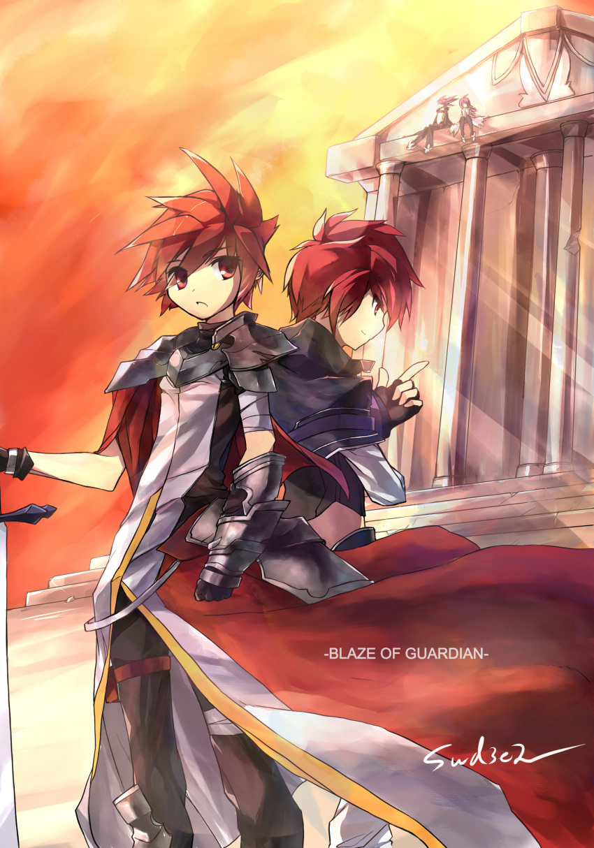 2boys 2girls absurdres aisha_landar armor artist_name bad_id bad_pixiv_id black_pants coat dual_persona elemental_master_(elsword) elsword elsword_(character) fingerless_gloves gloves highres lord_knight_(elsword) multiple_boys multiple_girls pants photoshop_(medium) purple_hair red_eyes red_hair rune_slayer_(elsword) short_hair sitting spiked_hair surcoat swd3e2 sword twintails void_princess_(elsword) weapon