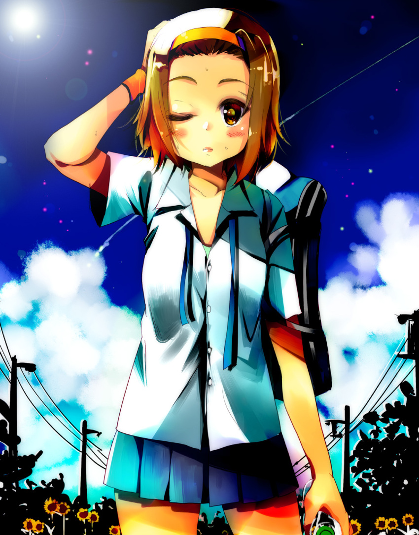 bottle brown_eyes brown_hair commentary_request female gouda_nagi hairband highres k-on! one_eye_closed outdoors power_lines sakuragaoka_high_school_uniform school_uniform short_hair sweat tainaka_ritsu