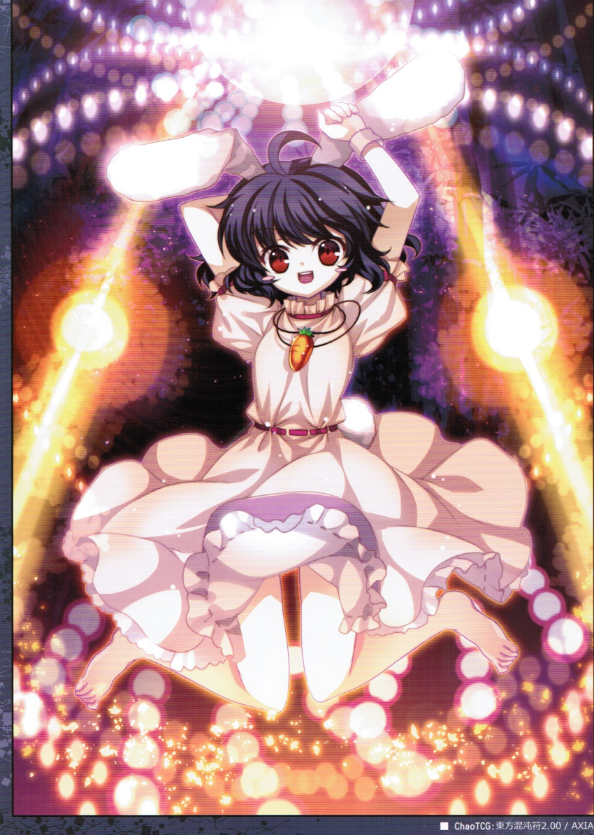 animal_ears barefoot black_hair blush_stickers capura_lin carrot danmaku female highres imperishable_night inaba_tewi non-web_source open_mouth puffy_sleeves rabbit_ears rabbit_girl rabbit_tail red_eyes scan scanlines short_hair short_sleeves solo tail touhou wristband