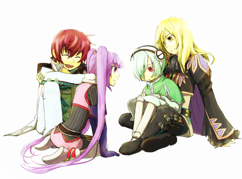 3boys ahoge asbel_lhant belt blonde_hair bodysuit boots cape capelet closed_eyes coat cravat dress elbow_gloves female frills gloves hair_over_one_eye hairband lambda long_hair multiple_boys pants purple_eyes purple_hair red_eyes red_hair richard_(tales_of_graces) shoes short_hair sophie_(tales) sophie_(tales_of_graces) tales_of_(series) tales_of_graces thigh_boots thighhighs twintails very_long_hair yellow_eyes