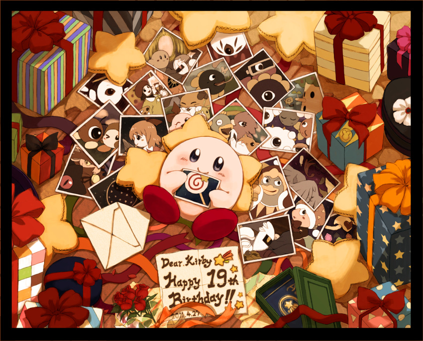 adeleine angel_wings bird birthday blue_eyes blush bow box bug butterfly candy chuchu_(kirby) colored_sclera commentary_request coo_(kirby) cyclops dark_matter_(kirby) dark_matter_blade dark_meta_knight dark_mind_(orb) dark_nebula daroach dated dew-spiegel envelope everyone feline fish flower food galacta_knight gift gift_box gooey_(kirby) grass hamster hat highres kabula kine_(kirby) king_dedede kirby kirby_(series) lalala_(kirby) li'l_kracko lollipop lololo_(kirby) looking_at_viewer lying marx_(kirby) mask meta_knight mirror nago_(kirby) nightmare_(kirby) no_humans on_back one-eyed one_eye_closed paintbrush palette_(object) photo_(object) pillow pitch_(kirby) red_sclera ribbon ribbon_(kirby) rick_(kirby) rose shadow_kirby smile star_(symbol) tongue tree waddle_dee waddle_doo whispy_woods wings zero_(kirby) zero_two_(kirby)