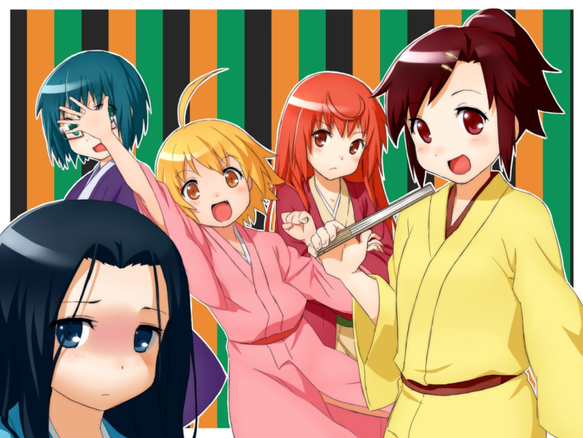 5girls ahoge anrakutei_kukuru black_hair blonde_hair blue_eyes blush bouhatei_tetora brown_eyes brown_hair buratei_marii crossed_arms fan frown glasses green_eyes green_hair hair_ornament hairclip haroukitei_kigurumi japanese_clothes joshiraku kimono kuurubiyuutei_gankyou long_hair multiple_girls onsoku_maru open_mouth orange_eyes red_eyes red_hair short_hair smile yukata