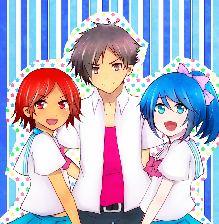 1boy 2girls accel_world araisojunior asato_ruka belt black_hair blue_eyes blue_hair brown_eyes buckle commentary_request crimson_kingbolt hair_ribbon high_ponytail highres itosu_mana multiple_girls open_mouth red_eyes red_hair ribbon school_uniform short_hair short_sleeves smile star_(symbol)