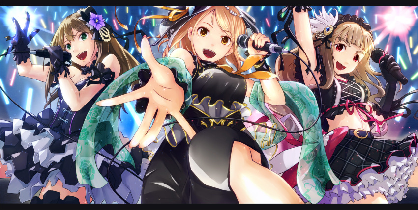 3girls :d armpits bare_shoulders belt black_dress black_gloves black_gothic_dress_(idolmaster) blonde_hair bow brown_hair commentary_request dress gloves green_eyes hair_ornament hairbow headdress highres hojo_karen idolmaster idolmaster_cinderella_girls kamiya_nao long_hair looking_at_viewer microphone midriff multiple_girls navel open_mouth outstretched_arm red_eyes ribbon shibuya_rin shibuya_susano skirt smile triad_primus_(idolmaster) yellow_eyes