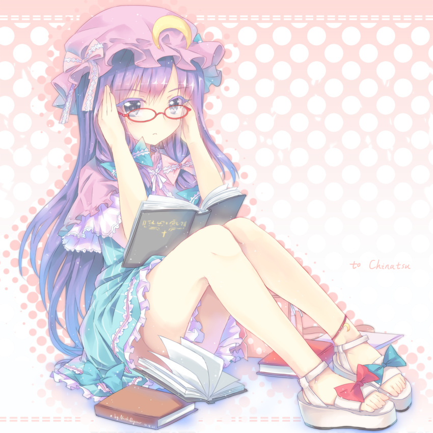 adapted_costume adjusting_eyewear alternate_costume anklet bespectacled book bow chinese_commentary colored_eyelashes commentary_request crescent feet female glasses hairbow hat highres jewelry looking_at_viewer north_abyssor patchouli_knowledge purple_eyes purple_hair red-framed_eyewear sandals sitting solo toes touhou