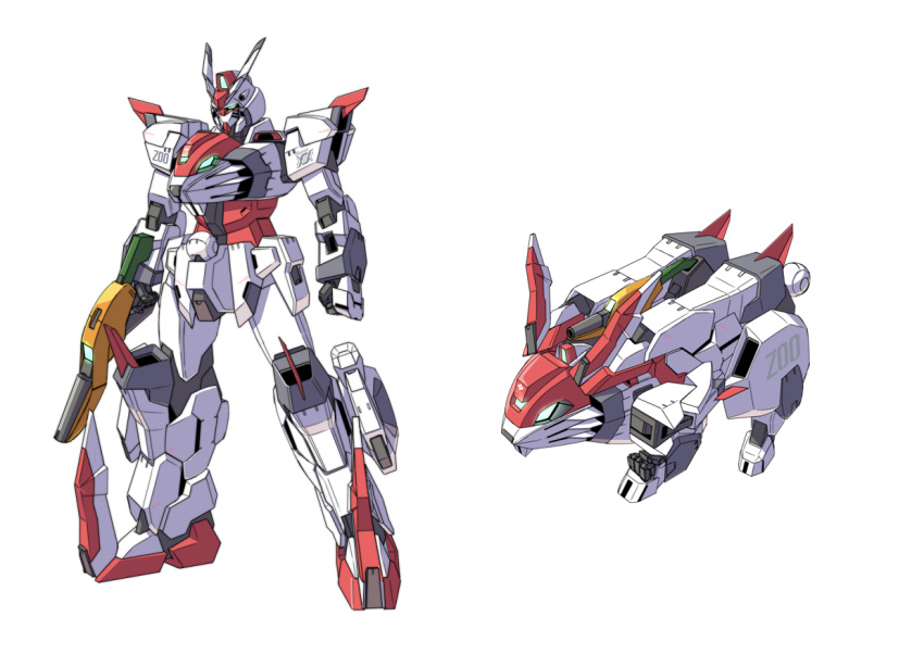 carrot commentary_request eastre_gunm form_change glowing gun gundam gundam_beast mecha no_humans original rabbit robot simple_background sukekiyo56 transformation weapon white_background