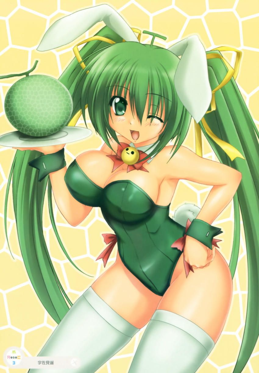 ;d absurdres animal_ears bow breasts bunny_ears bunny_girl bunnysuit cleavage detached_collar female food fruit green_eyes green_hair highres melon melon-chan melonbooks one_eye_closed open_mouth personification smile thighhighs tray twintails us@myo wink wrist_cuffs yellow_bow