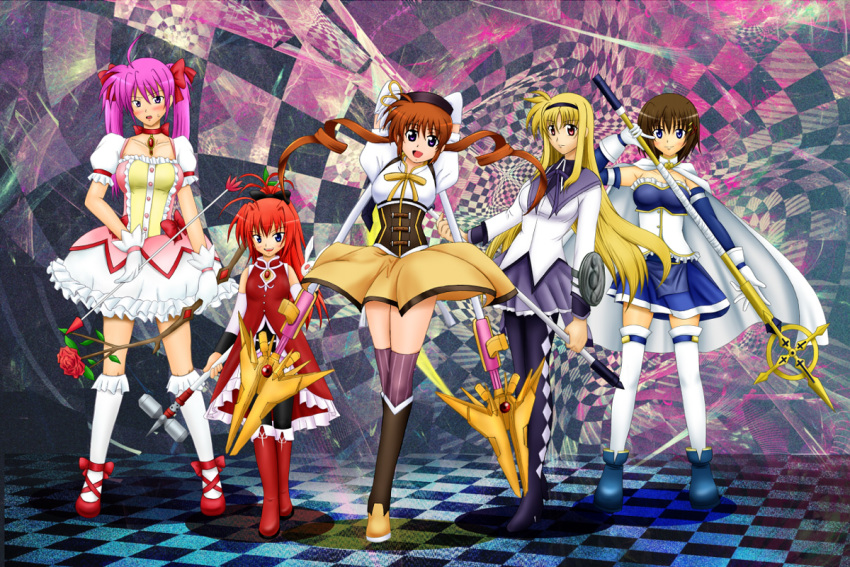 5girls akemi_homura akemi_homura_(cosplay) akemi_homura_(magical_girl) alternate_hairstyle arrow_(projectile) bardiche_(nanoha) blonde_hair blush boots bow_(weapon) brown_hair buckler cape checkered commentary_request cosplay cross elbow_gloves embarrassed fate_testarossa flower fuuma_nagi gloves graf_eisen hair_ornament hammer hat high_heels kaname_madoka kaname_madoka_(cosplay) kaname_madoka_(magical_girl) leaf long_hair lyrical_nanoha magical_girl mahou_shoujo_lyrical_nanoha_strikers mahou_shoujo_madoka_magica mahou_shoujo_madoka_magica_(anime) miki_sayaka miki_sayaka_(cosplay) miki_sayaka_(magical_girl) multiple_girls pantyhose parody pink_hair polearm ponytail raising_heart red_hair ribbon rose sakura_kyoko sakura_kyoko_(cosplay) sakura_kyoko_(magical_girl) schwertkreuz shield shoes short_hair signum skirt soul_gem takamachi_nanoha thighhighs tomoe_mami tomoe_mami_(cosplay) tomoe_mami_(magical_girl) twintails vita_(nanoha) weapon yagami_hayate