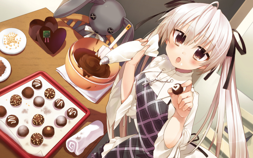 :o ahoge apron blush bowl brown_eyes chair chiba_sadoru chocolate chocolate_making cross female food food_on_face heart highres kasugano_sora long_hair long_sleeves looking_at_viewer open_mouth pastry_bag rabbit scan solo spatula stuffed_animal stuffed_rabbit stuffed_toy table towel twintails white_hair wide_sleeves yosuga_no_sora