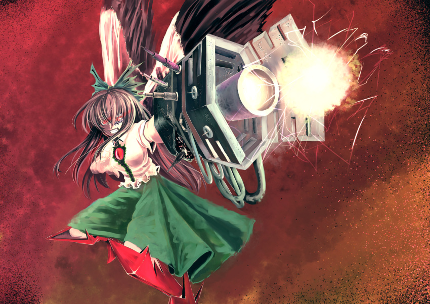 alternate_weapon arm_cannon bad_id bad_pixiv_id bird_wings black_wings bow brown_hair cape clenched_teeth energy_ball female green_bow hairbow long_hair marubororaito powering_up reiuji_utsuho short_sleeves solo teeth third_eye touhou weapon wings