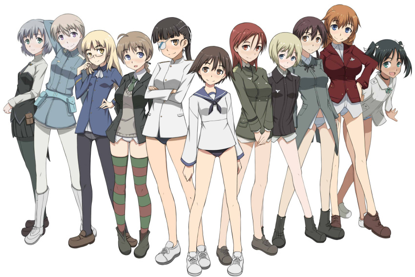 501st_joint_fighter_wing 6+girls aqua_eyes arms_behind_back ascot bad_id bad_pixiv_id bare_legs black_hair blonde_hair blue_eyes blush braid brown_eyes brown_hair charlotte_e._yeager crotch_seam eila_ilmatar_juutilainen erica_hartmann everyone eyepatch francesca_lucchini galaxea gertrud_barkhorn glasses green_eyes grey_hair highres lynette_bishop military military_uniform minna-dietlinde_wilcke miyafuji_yoshika multiple_girls necktie no_pants no_socks oerba_yun_fang open_mouth orange_hair panties panties_under_pantyhose pantyhose perrine_h._clostermann ponytail purple_eyes red_eyes red_hair sakamoto_mio sanya_v._litvyak smile strike_witches striped_clothes striped_panties thighhighs twintails underwear uniform v_arms world_witches_series yellow_eyes