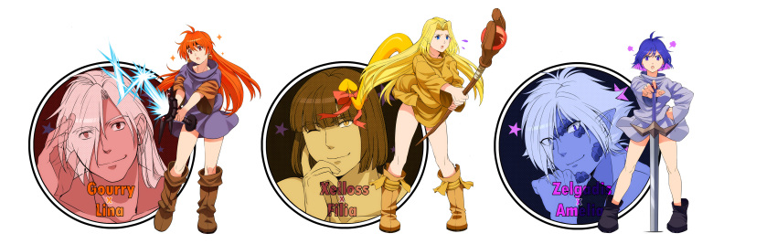 3boys 3girls absurdres alternate_costume amelia_wil_tesla_seyruun blonde_hair blue_eyes boots character_name commentary filia_ul_copt full_body gourry_gabriev hair_over_one_eye hand_on_own_hip headband highres knee_boots lina_inverse long_hair lyxu multicolored_hair multiple_boys multiple_girls one_eye_closed orange_hair photoshop_(medium) pink_hair purple_hair raglan_sleeves red_eyes shoes short_hair skirt slayers slayers_try staff sword tail two-tone_hair weapon xelloss zelgadiss_graywords