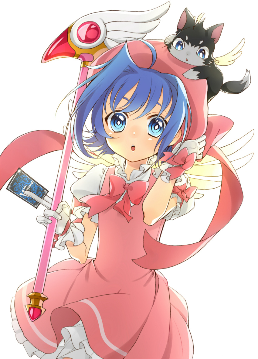 1boy :o bad_id bad_pixiv_id blue_eyes blue_hair blush cardcaptor_sakura cardfight!!_vanguard cosplay crossdressing dress feline fuuin_no_tsue hat highres kinomoto_sakura kinomoto_sakura_(cosplay) kinomoto_sakura_(magic_dream_costume) male_focus open_mouth otoko_no_ko pink_hat sendou_aichi simple_background solo wand white_background yuu_(7862260010)