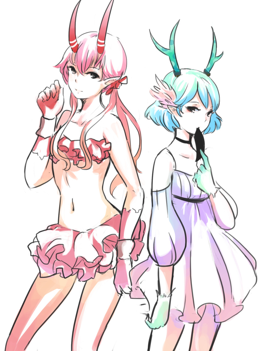 2girls anonymous_drawfag_(artist) antlers aqua_hair artist_request bare_legs bare_shoulders bow c_(control) check_artist choker detached_sleeves dress flat_chest flower frilled_skirt frills gloves hair_flower hair_ornament hairbow highres horns long_hair mashu_(control) midriff miniskirt mouth_hold multiple_girls navel pink_hair pointy_ears q_(control) short_hair single_horn skirt strapless tube_top