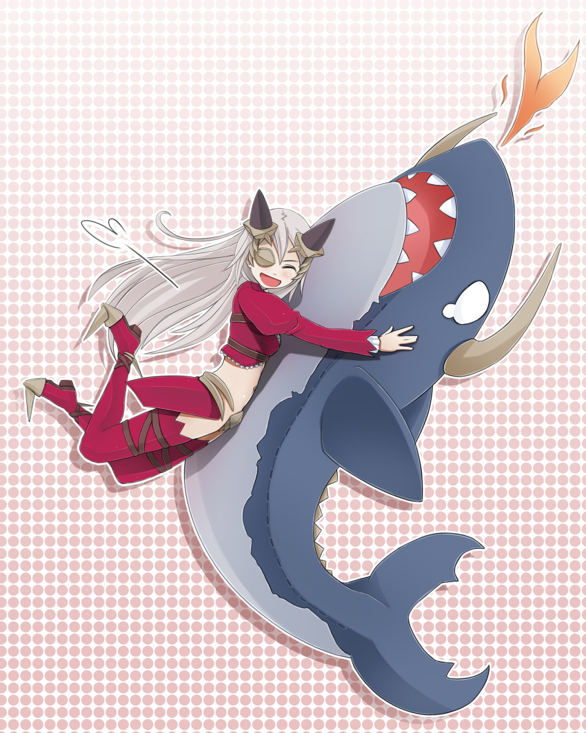 ^_^ aldra_(queen's_blade) armor bad_link blush boots closed_eyes eyepatch faulds female happy highres horns hug long_hair midriff photoshop_(medium) polka_dot polka_dot_background queen's_blade queen_aldra red_thighhighs shark silver_hair solo stuffed_animal stuffed_shark stuffed_toy sunimu thigh_boots thighhighs